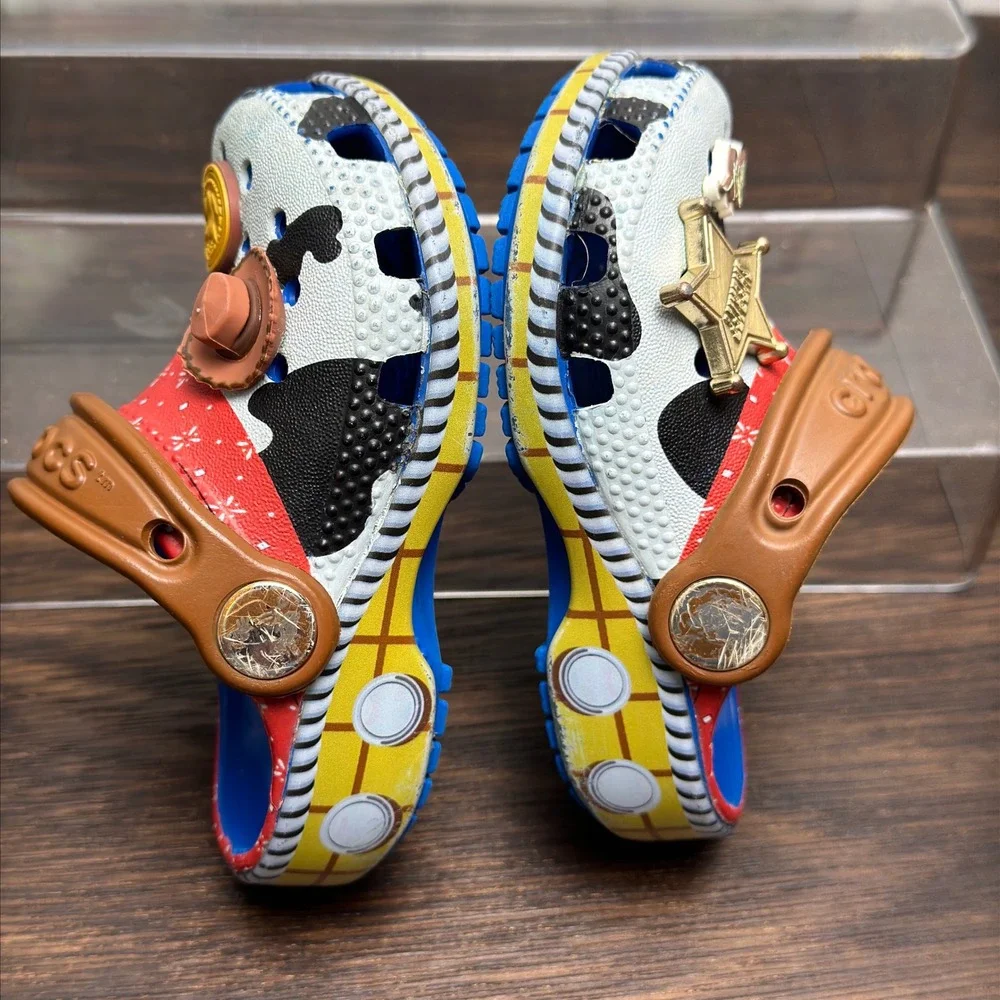 Crocs Toy Story Woody Cowboy Clogs Kids Size C5 Cow Print Jibbitz Blue ANDY